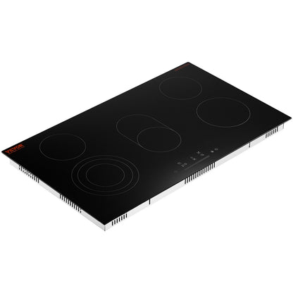 Electric Cooktop, 36 inch 5 Burners Built-in Electric Stove Top, 8600W Ceramic Top Radiant Cooktop with Glass Panel, Touch Control, Timer, Child Lock, 9 Heat Level, 220-240V, Hard Wire (No Plug)