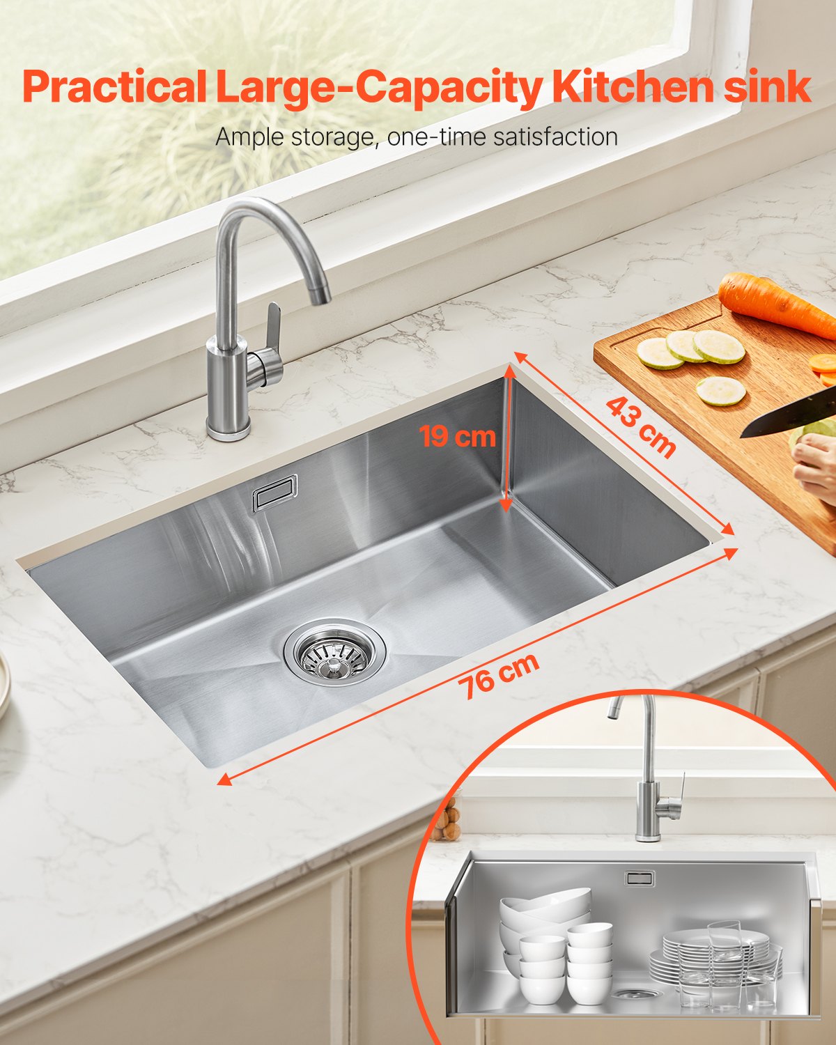76cm Sink Undermount Single Bowl Drop-In Basin Stainless Steel Bar