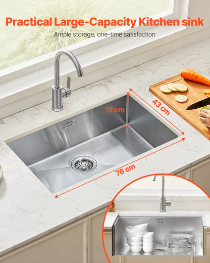 76cm Sink Undermount Single Bowl Drop-In Basin Stainless Steel Bar