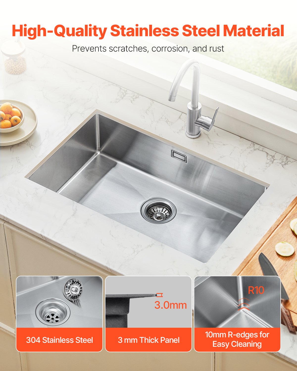 76cm Sink Undermount Single Bowl Drop-In Basin Stainless Steel Bar