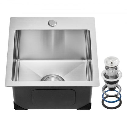 15 inch Kitchen Sink Workstation, 304 Stainless Steel Top Mount Sinks, Drop-In Single Bowl Farmhouse Basin with Accessories, Household Dishwasher Sinks for RV, Prep Kitchen, Laundry Room, Bar