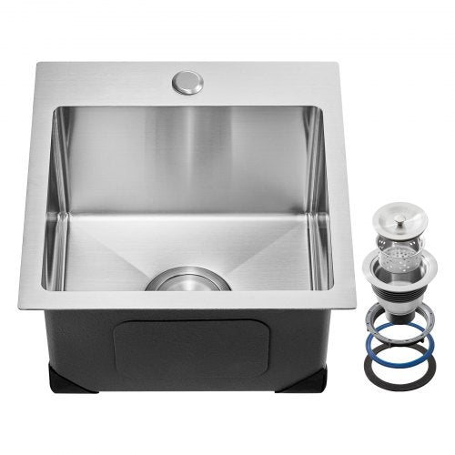 15 inch Kitchen Sink Workstation, 304 Stainless Steel Top Mount Sinks, Drop-In Single Bowl Farmhouse Basin with Accessories, Household Dishwasher Sinks for RV, Prep Kitchen, Laundry Room, Bar