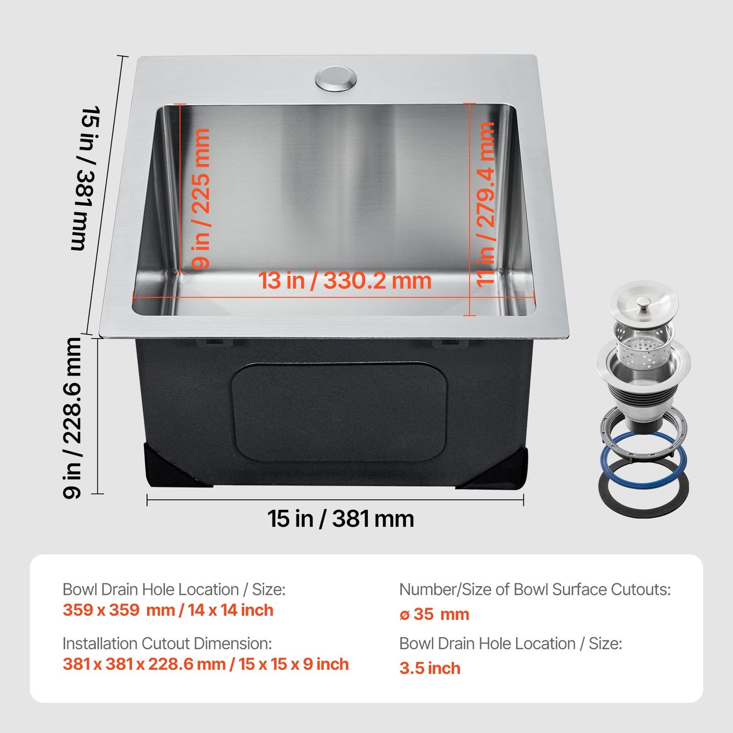 15 inch Kitchen Sink Workstation, 304 Stainless Steel Top Mount Sinks, Drop-In Single Bowl Farmhouse Basin with Accessories, Household Dishwasher Sinks for RV, Prep Kitchen, Laundry Room, Bar