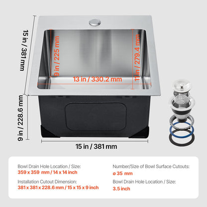 15 inch Kitchen Sink Workstation, 304 Stainless Steel Top Mount Sinks, Drop-In Single Bowl Farmhouse Basin with Accessories, Household Dishwasher Sinks for RV, Prep Kitchen, Laundry Room, Bar