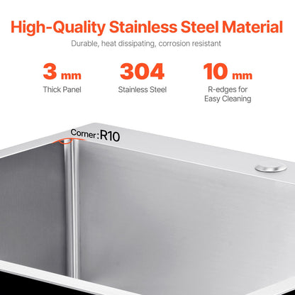 25 inch Kitchen Sink Workstation, 304 Stainless Steel Top Mount Sinks, Drop-In Single Bowl Farmhouse Basin with Accessories, Household Dishwasher Sinks for RV, Prep Kitchen, Laundry Room, Bar