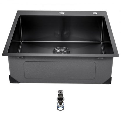 25 inch Kitchen Sink Workstation, 304 Stainless Steel Top Mount Sinks, Drop-In Single Bowl Farmhouse Basin with Accessories, Household Dishwasher Sinks for RV, Prep Kitchen, and Bar (Black)