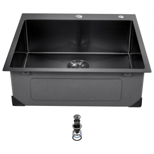 25 inch Kitchen Sink Workstation, 304 Stainless Steel Top Mount Sinks, Drop-In Single Bowl Farmhouse Basin with Accessories, Household Dishwasher Sinks for RV, Prep Kitchen, and Bar (Black)