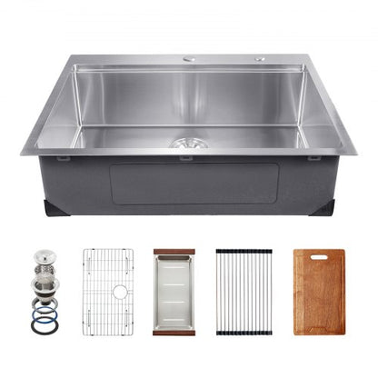 30 inch Kitchen Sink Workstation, 304 Stainless Steel Top Mount Sinks, Drop-In Single Bowl Farmhouse Basin with Ledge & Multiple Accessories, Household Dishwasher Sink for RV, Prep Kitchen, Bar