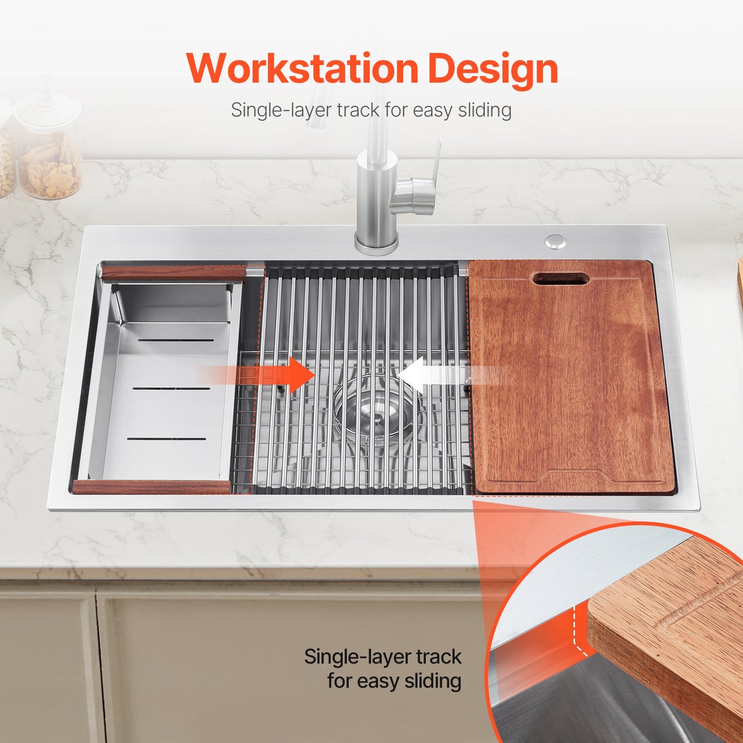 30 inch Kitchen Sink Workstation, 304 Stainless Steel Top Mount Sinks, Drop-In Single Bowl Farmhouse Basin with Ledge & Multiple Accessories, Household Dishwasher Sink for RV, Prep Kitchen, Bar