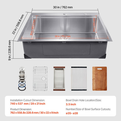30 inch Kitchen Sink Workstation, 304 Stainless Steel Top Mount Sinks, Drop-In Single Bowl Farmhouse Basin with Ledge & Multiple Accessories, Household Dishwasher Sink for RV, Prep Kitchen, Bar