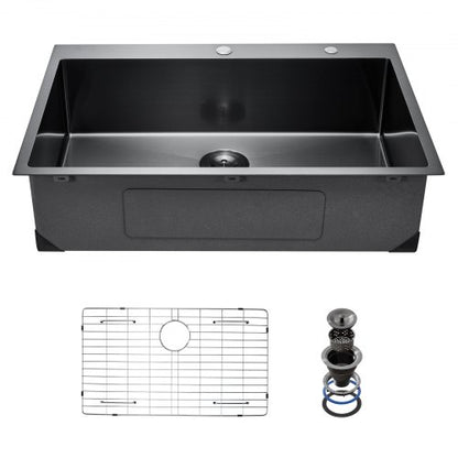 33 inch Kitchen Sink Workstation, 304 Stainless Steel Top Mount Sinks, Drop-In Single Bowl Farmhouse Basin with Accessories, Household Dishwasher Sinks for RV, Prep Kitchen, and Bar (Black)