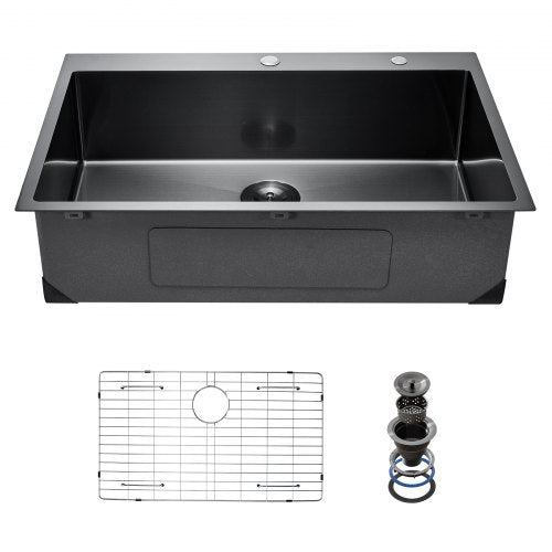 33 inch Kitchen Sink Workstation, 304 Stainless Steel Top Mount Sinks, Drop-In Single Bowl Farmhouse Basin with Accessories, Household Dishwasher Sinks for RV, Prep Kitchen, and Bar (Black)