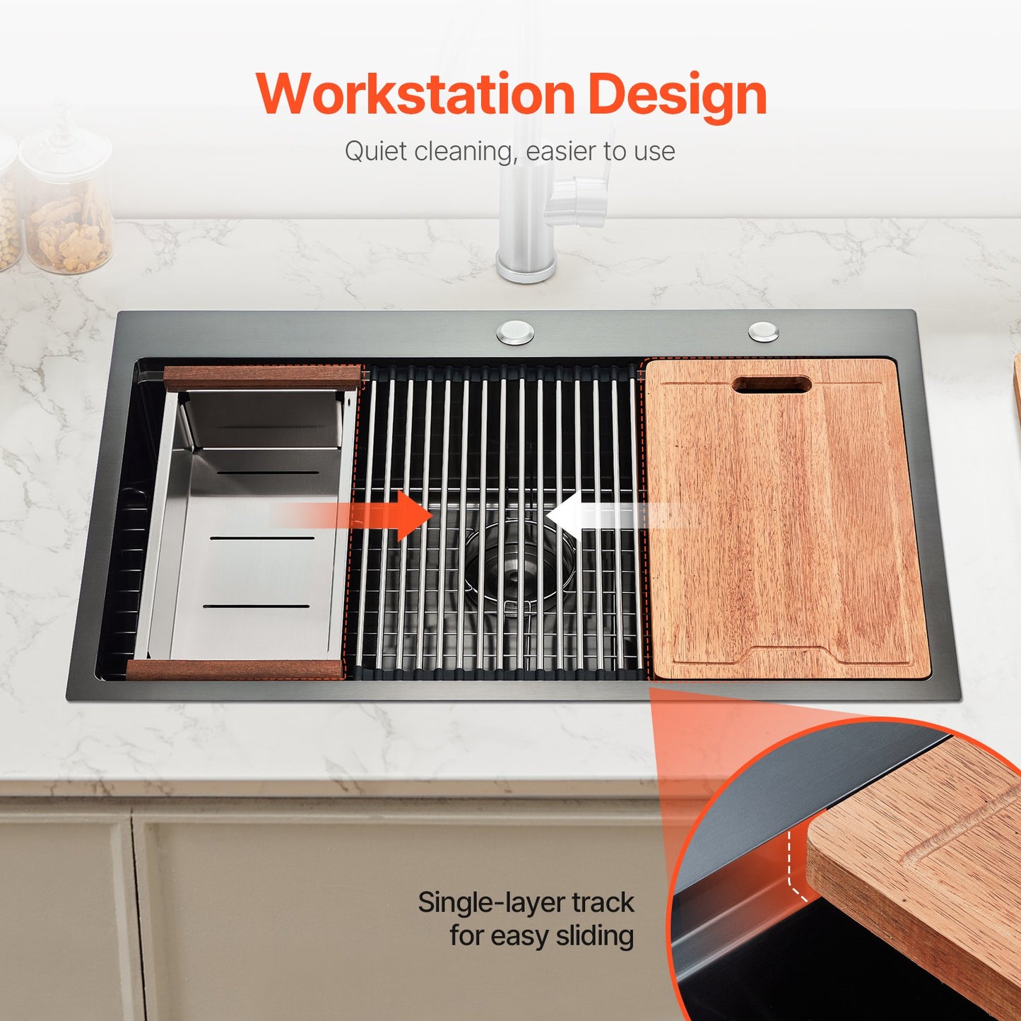 33 inch Kitchen Sink Workstation, 304 Stainless Steel Top Mount Sinks, Drop-In Single Bowl Farmhouse Basin with Ledge & Multiple Accessories, Household Dishwasher Sink for RV, Bar (Black)