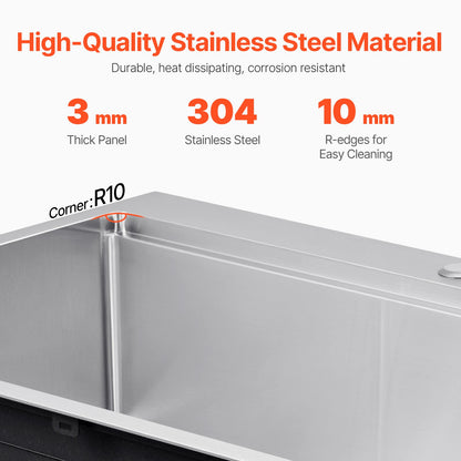 33 inch Kitchen Sink Workstation, 304 Stainless Steel Top Mount Sinks, Drop-In Single Bowl Farmhouse Basin with Ledge & Multiple Accessories, Household Dishwasher Sink for RV, Prep Kitchen, Bar