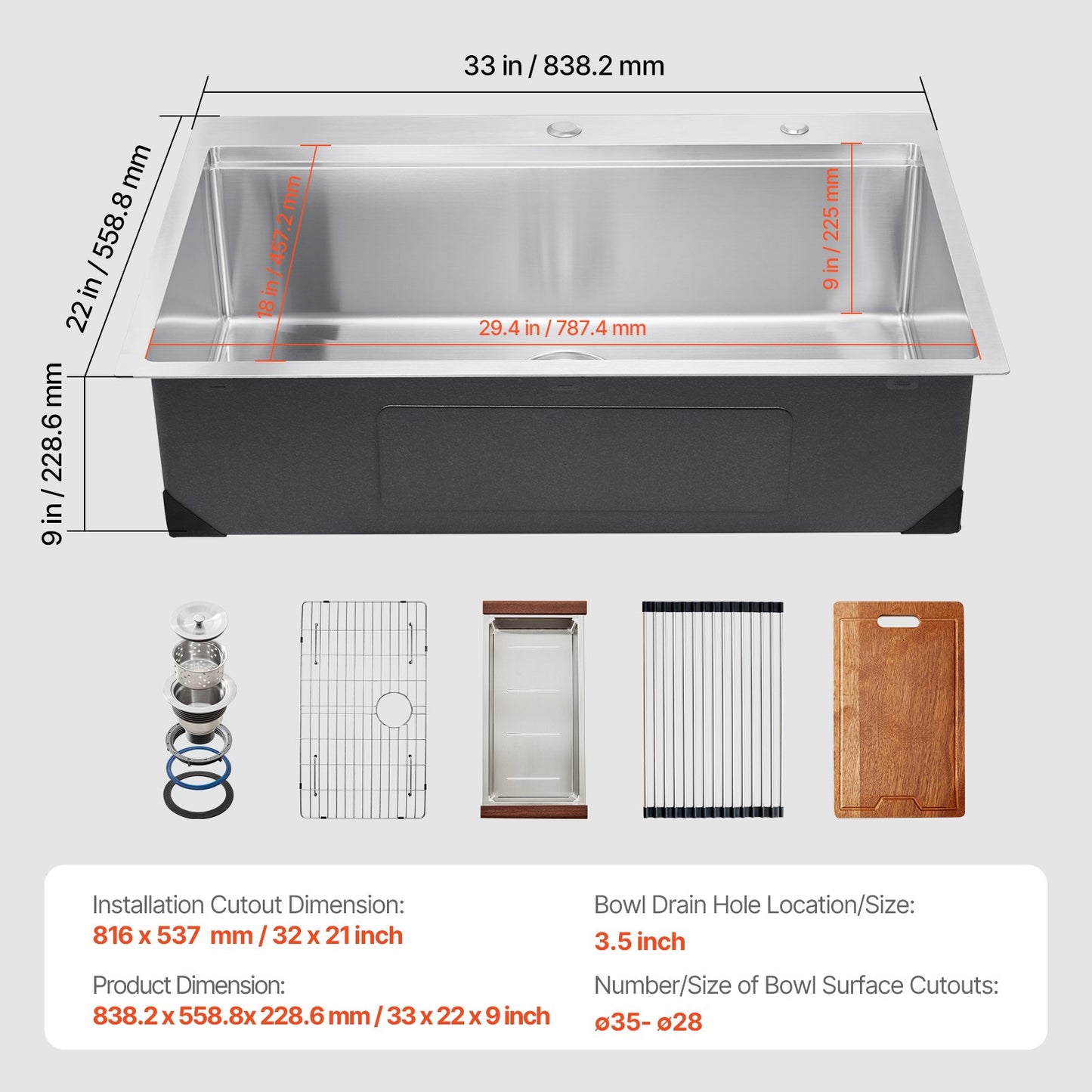 33 inch Kitchen Sink Workstation, 304 Stainless Steel Top Mount Sinks, Drop-In Single Bowl Farmhouse Basin with Ledge & Multiple Accessories, Household Dishwasher Sink for RV, Prep Kitchen, Bar