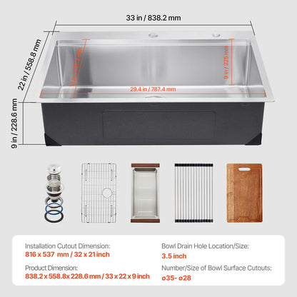33 inch Kitchen Sink Workstation, 304 Stainless Steel Top Mount Sinks, Drop-In Single Bowl Farmhouse Basin with Ledge & Multiple Accessories, Household Dishwasher Sink for RV, Prep Kitchen, Bar