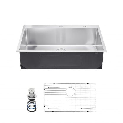 33 inch Kitchen Sink Workstation, 304 Stainless Steel Top Mount Sinks, Drop-In Single Bowl Farmhouse Basin with Accessories, Household Dishwasher Sinks for RV, Prep Kitchen, Laundry Room, Bar