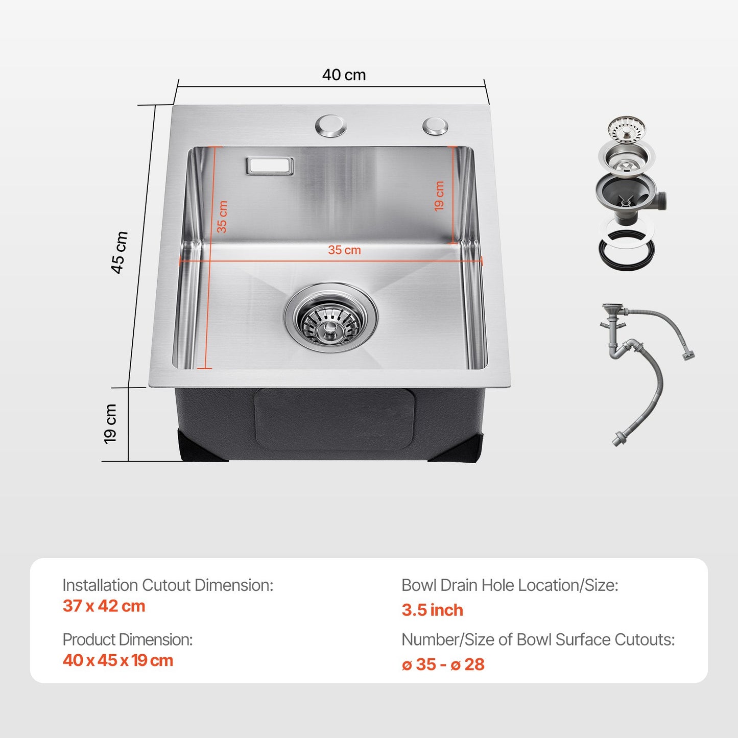 40 cm Diskbänk Top Mount Single Bowl Drop-In Basin Rostfri stålstång
