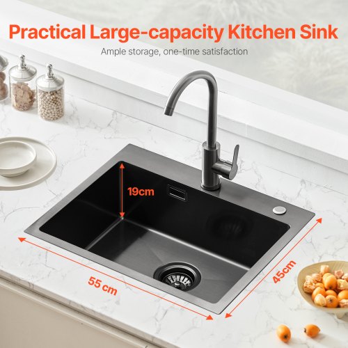 55cm Sink Topmount Single Bowl Drop-In Basin Stainless Steel Black | EU