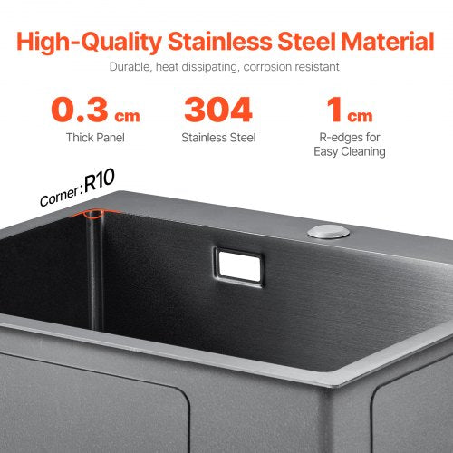 55cm Sink Topmount Single Bowl Drop-In Basin Stainless Steel Black | EU