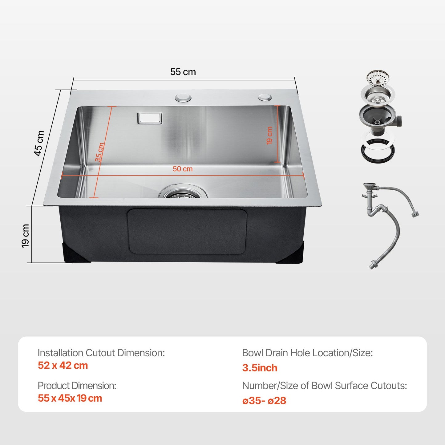 55cm Sink Top Mount Single Bowl Drop-In Basin Stainless Steel Bar