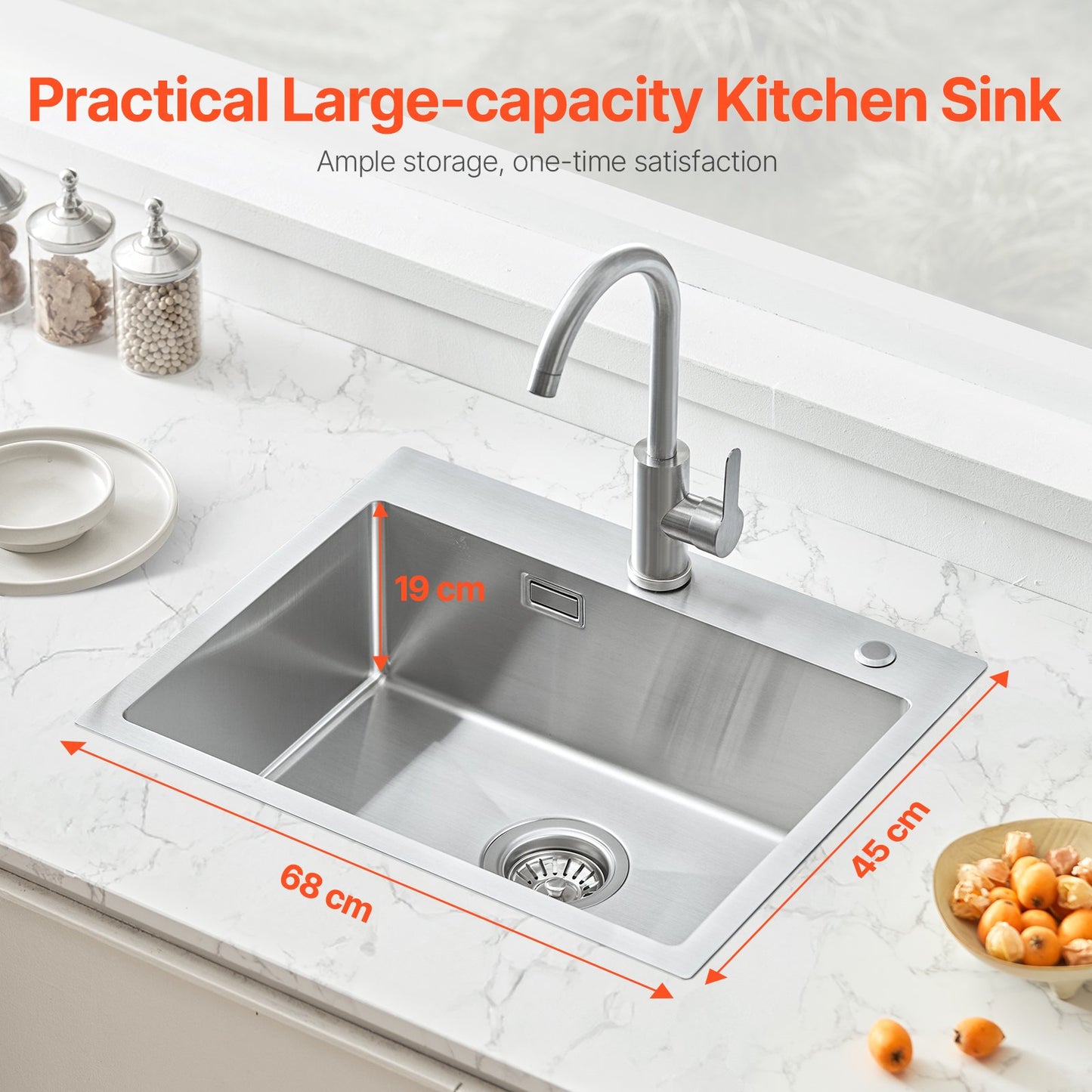 68cm Sink Top Mount Single Bowl Drop-In Basin Stainless Steel Bar