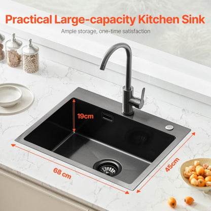 68cm Sink Topmount Single Bowl Drop-In Basin Stainless Steel Black | EU