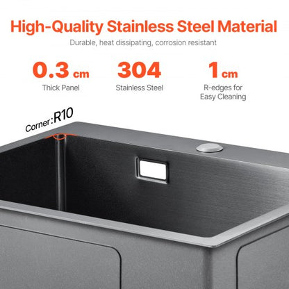 68cm Sink Topmount Single Bowl Drop-In Basin Stainless Steel Black | EU