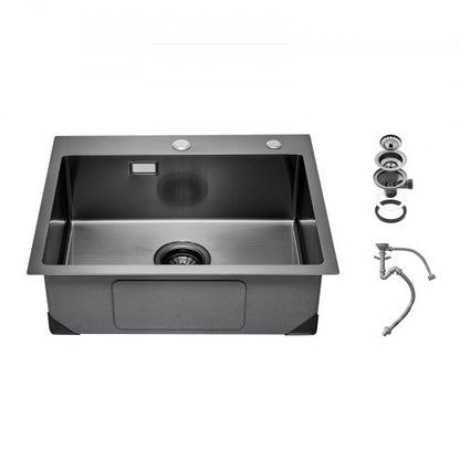 68cm Sink Topmount Single Bowl Drop-In Basin Stainless Steel Black | EU