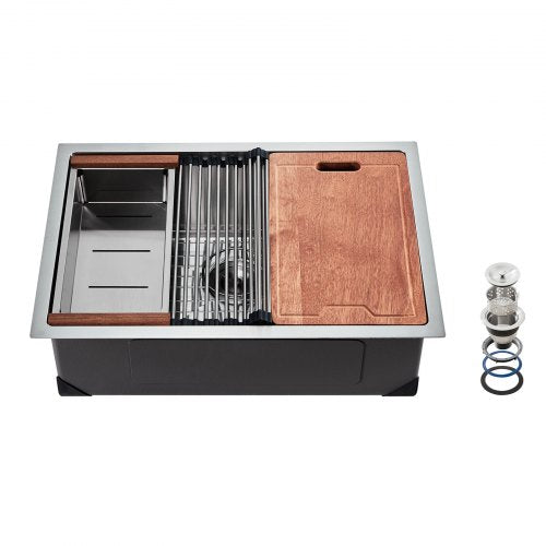 32 inch Kitchen Sink Workstation, 304 Stainless Steel Undermount Sink, Drop-In Single Bowl Farmhouse Basin with Ledge & Multiple Accessories, Household Dishwasher Sinks for RV, Prep Kitchen, Bar