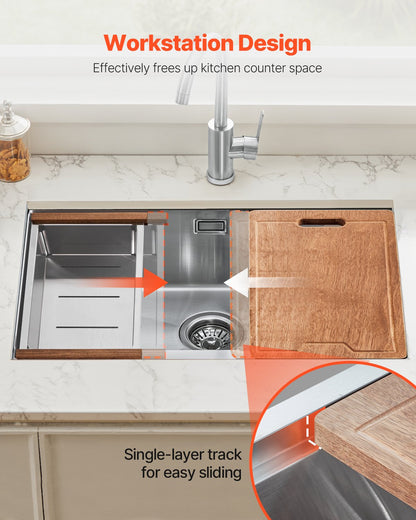 32 inch Kitchen Sink Workstation, 304 Stainless Steel Undermount Sink, Drop-In Single Bowl Farmhouse Basin with Ledge & Multiple Accessories, Household Dishwasher Sinks for RV, Prep Kitchen, Bar