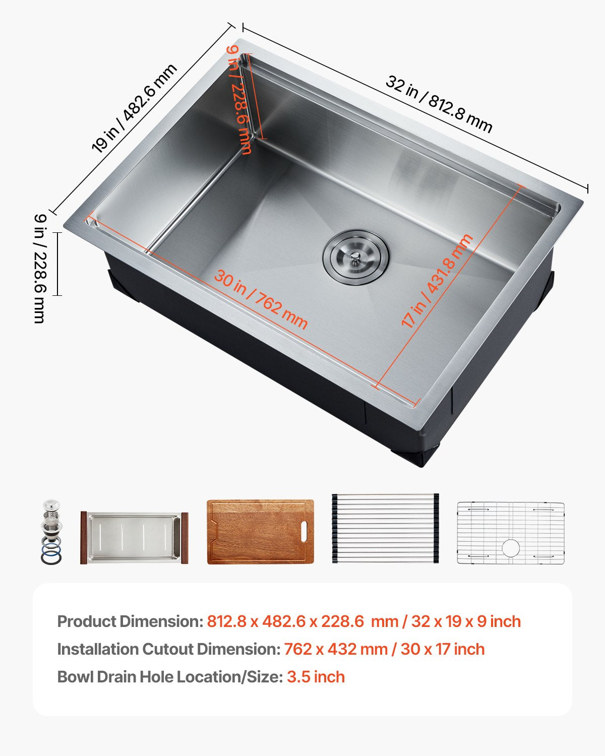 32 inch Kitchen Sink Workstation, 304 Stainless Steel Undermount Sink, Drop-In Single Bowl Farmhouse Basin with Ledge & Multiple Accessories, Household Dishwasher Sinks for RV, Prep Kitchen, Bar