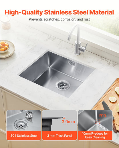 50cm Kitchen Sink Undermount Single Bowl Drop-In Basin Stainless Steel Bar