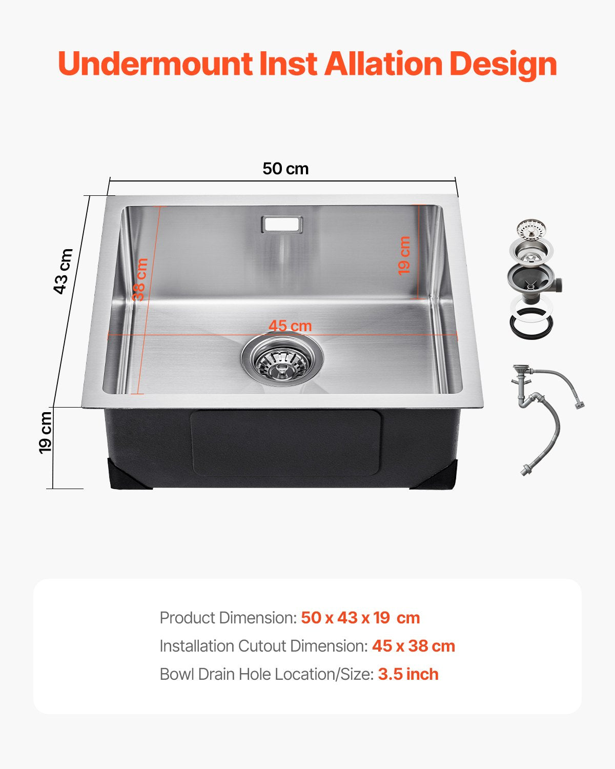50cm Kitchen Sink Undermount Single Bowl Drop-In Basin Stainless Steel Bar