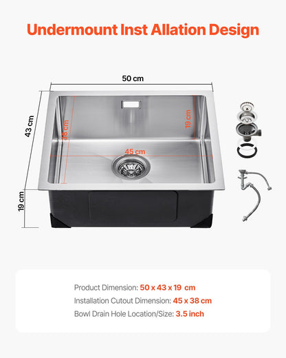 50cm Kitchen Sink Undermount Single Bowl Drop-In Basin Stainless Steel Bar