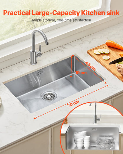 70cm Kitchen Sink Undermount Single Bowl Drop-In Basin Stainless Steel Bar