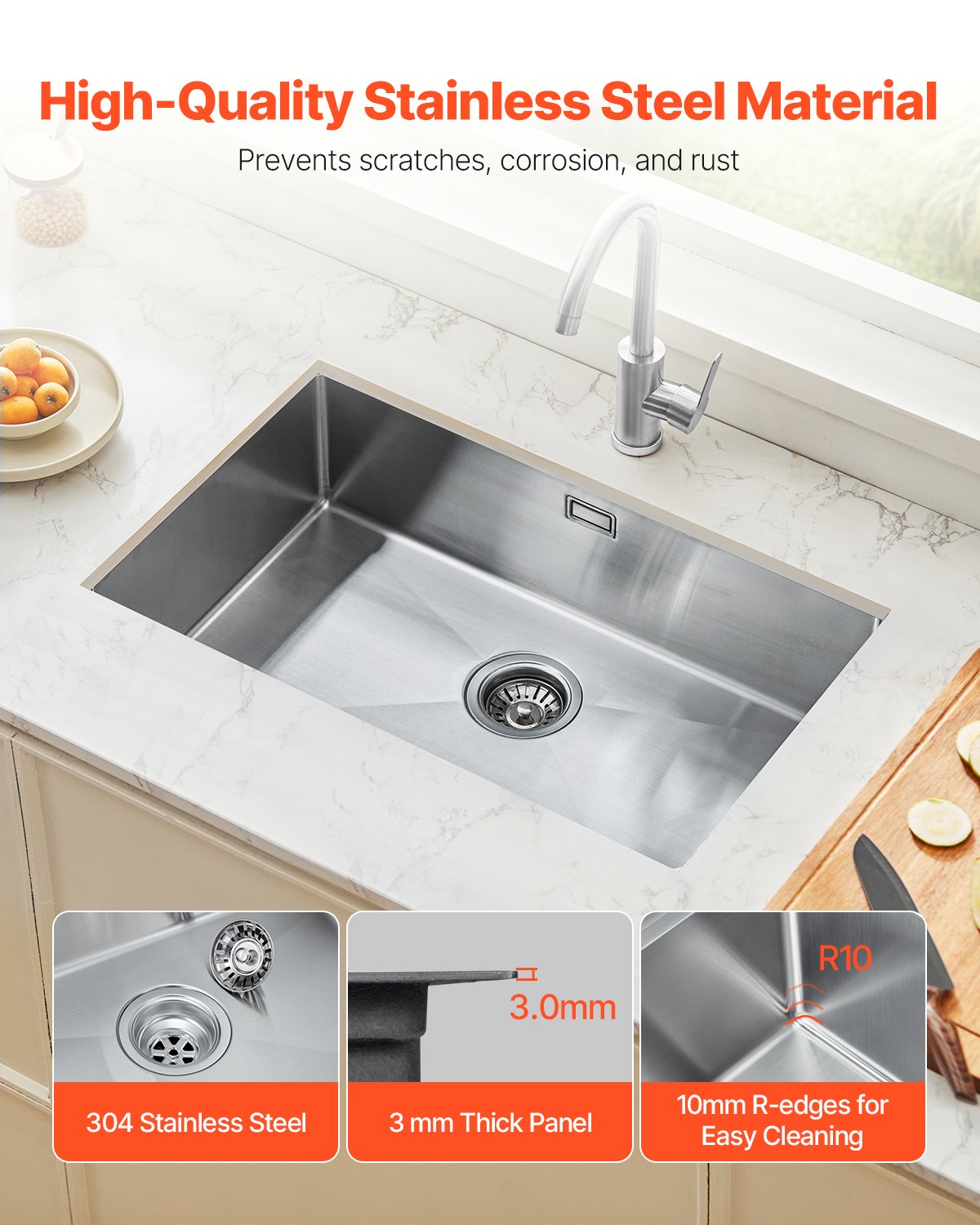 70cm Kitchen Sink Undermount Single Bowl Drop-In Basin Stainless Steel Bar