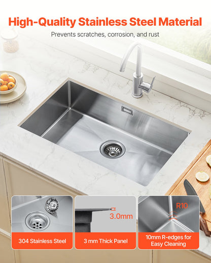70cm Kitchen Sink Undermount Single Bowl Drop-In Basin Stainless Steel Bar