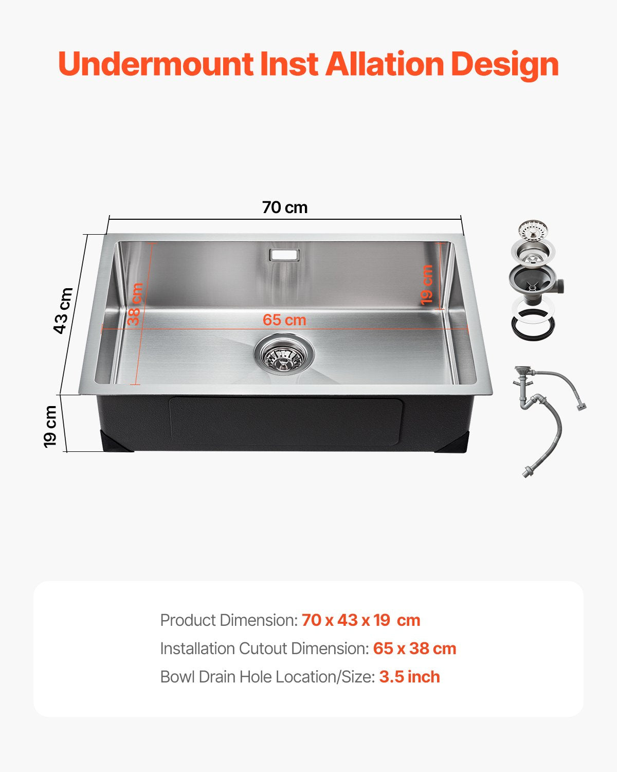 70cm Kitchen Sink Undermount Single Bowl Drop-In Basin Stainless Steel Bar