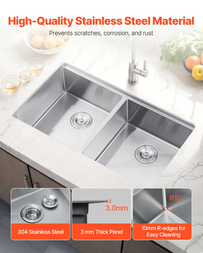 33 inch Kitchen Sink Workstation, 304 Stainless Steel Undermount Sink, Drop-In Double Bowl Farmhouse Basin with Ledge & Multiple Accessories, Household Dishwasher Sinks for RV, Prep Kitchen, Bar