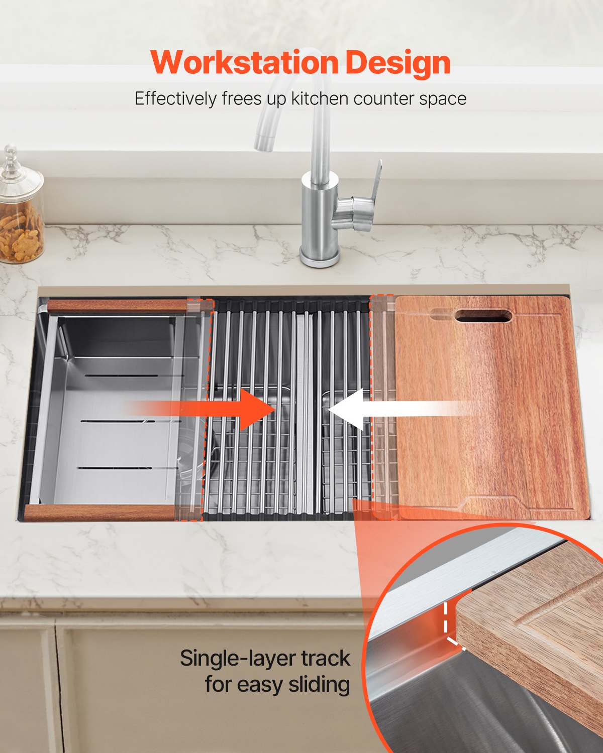 33 inch Kitchen Sink Workstation, 304 Stainless Steel Undermount Sink, Drop-In Double Bowl Farmhouse Basin with Ledge & Multiple Accessories, Household Dishwasher Sinks for RV, Prep Kitchen, Bar