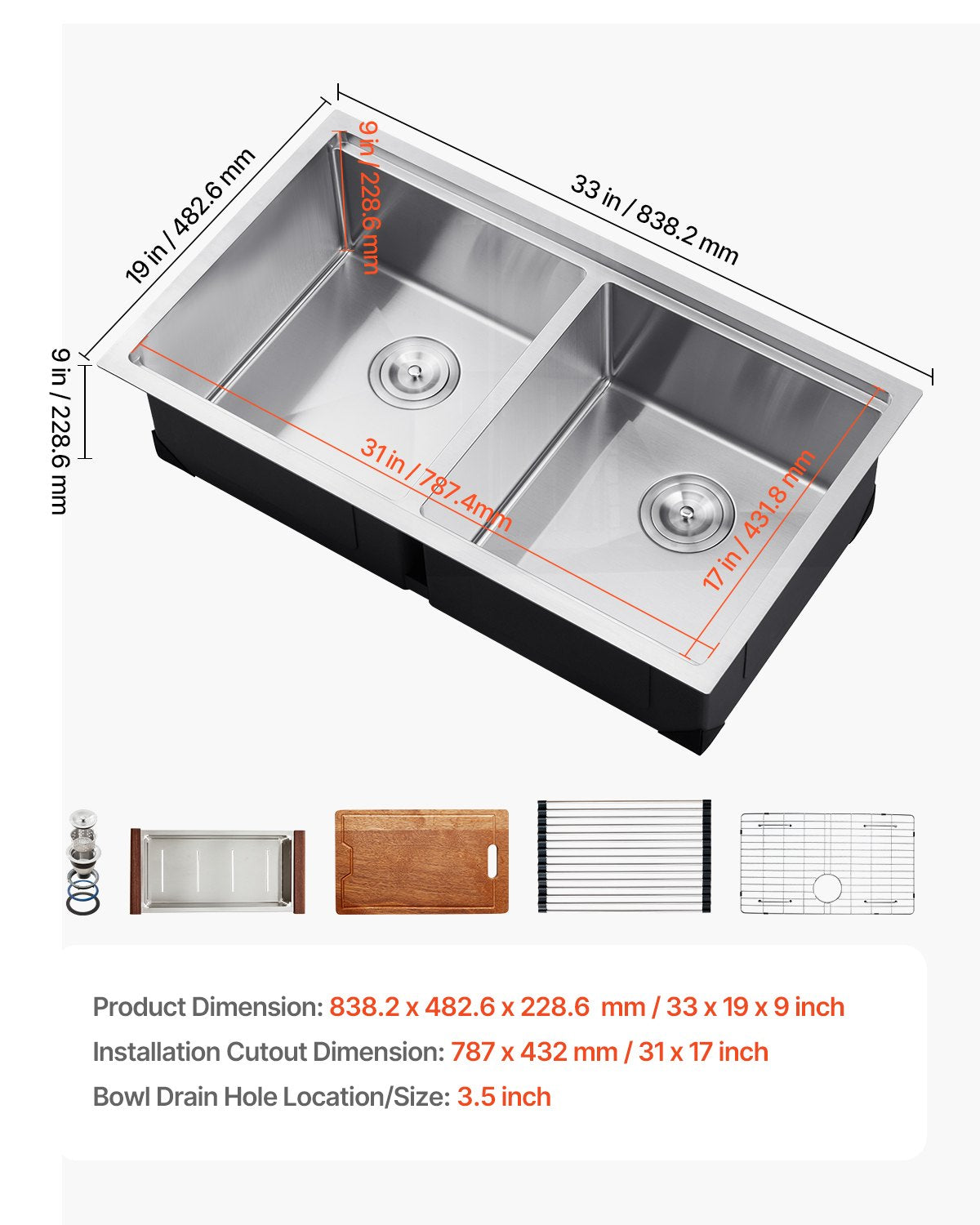 33 inch Kitchen Sink Workstation, 304 Stainless Steel Undermount Sink, Drop-In Double Bowl Farmhouse Basin with Ledge & Multiple Accessories, Household Dishwasher Sinks for RV, Prep Kitchen, Bar