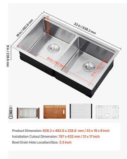 33 inch Kitchen Sink Workstation, 304 Stainless Steel Undermount Sink, Drop-In Double Bowl Farmhouse Basin with Ledge & Multiple Accessories, Household Dishwasher Sinks for RV, Prep Kitchen, Bar