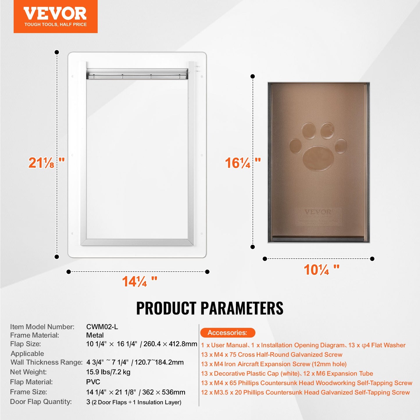 Pet Door, 14.25" x 21.1" Metal Frame with Lock and 3-Flap System, Weatherproof Doggy Door, Easy to Install in Interior or Exterior Walls, Pet Door Suitable for Cat Doggie Kitties (White-Large)