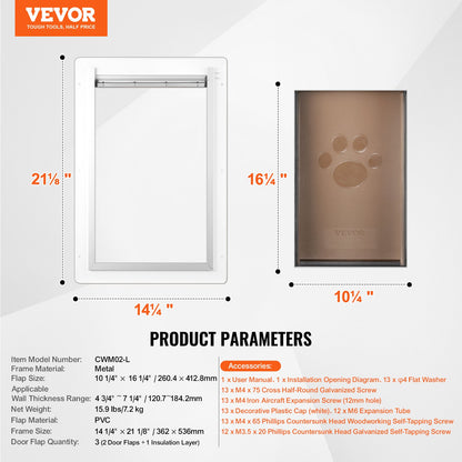 Pet Door, 14.25" x 21.1" Metal Frame with Lock and 3-Flap System, Weatherproof Doggy Door, Easy to Install in Interior or Exterior Walls, Pet Door Suitable for Cat Doggie Kitties (White-Large)