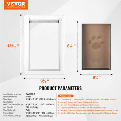 Pet Door, 9.29" x 13.19" Metal Frame with Lock and 3-Flap System, Weatherproof Doggy Door, Easy to Install in Interior or Exterior Walls, Pet Door Suitable for Cat Doggie Kitties (White-Small)