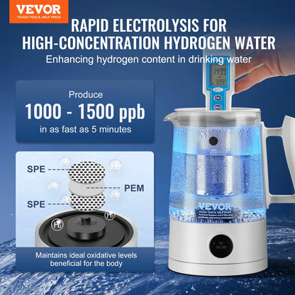 Hydrogen Water Pitcher Generator, 1,5 L / 52,8 oz vätegenerator med stor kapacitet Vattenkokare, SPE- och PEM-teknik, väterik vattenjonisator för att brygga kaffe eller te