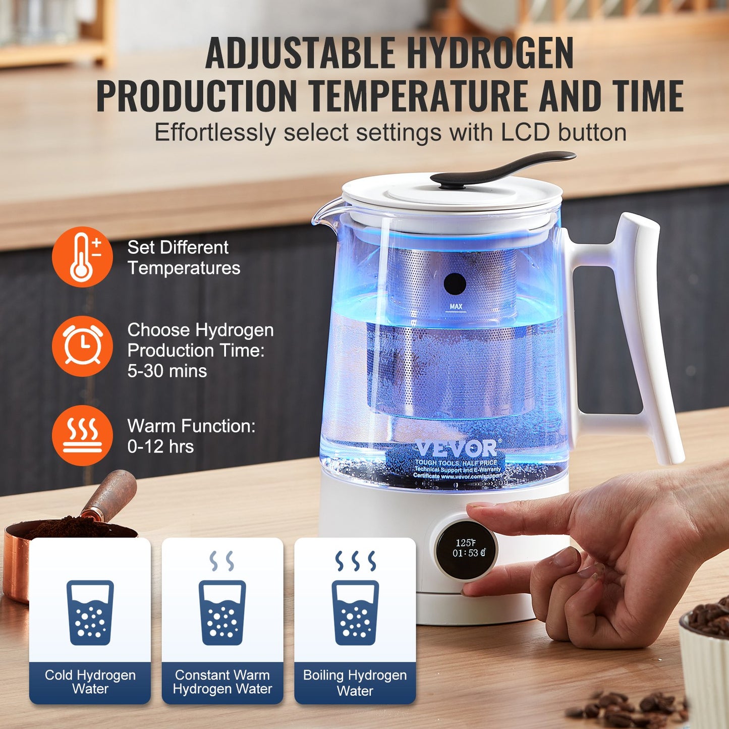 Hydrogen Water Pitcher Generator, 1,5 L / 52,8 oz vätegenerator med stor kapacitet Vattenkokare, SPE- och PEM-teknik, väterik vattenjonisator för att brygga kaffe eller te