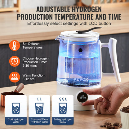 Hydrogen Water Pitcher Generator, 1,5 L / 52,8 oz vätegenerator med stor kapacitet Vattenkokare, SPE- och PEM-teknik, väterik vattenjonisator för att brygga kaffe eller te