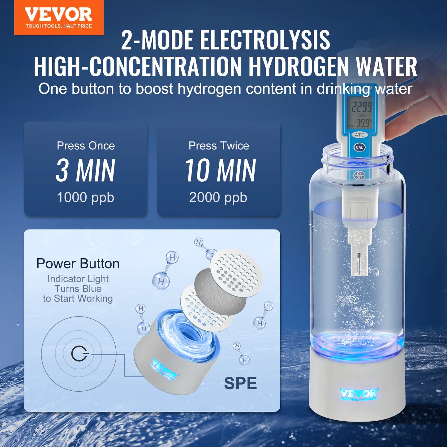Hydrogen Water Bottle Generator, 380 ml / 13,4 oz Kapacitet Bärbar Hydrogen Water Maker, SPE Technology Hydrogen Rich Water Ionizer Machine med Nasal Inhalationsslang och självrengörande